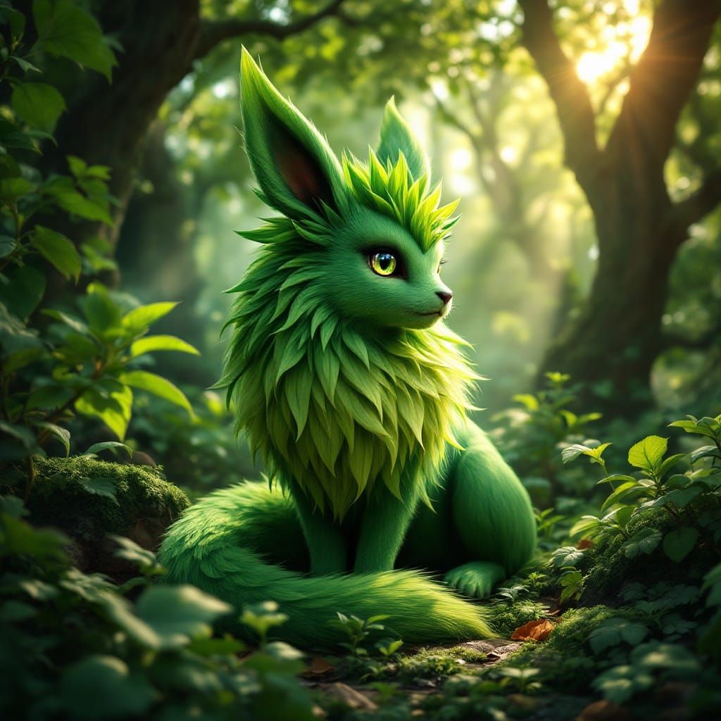 Surreal Green Feline Goddess Reigns Over Enchanted Forest