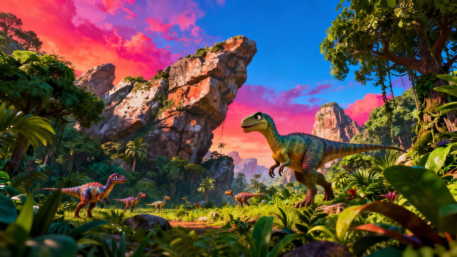 Jurassic Jungle with Dinosaurs in Pixar Style