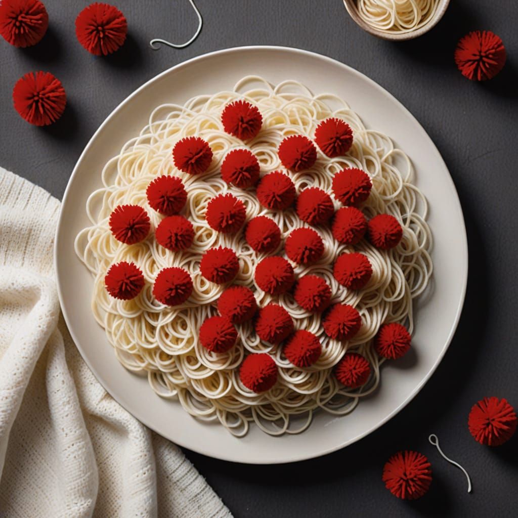 Wool Spaghetti and Pom-Pom Meatballs Still Life