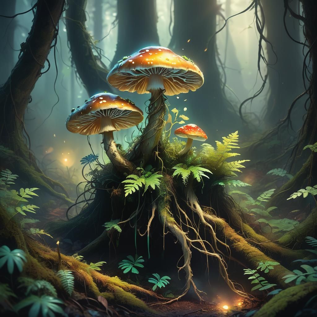 Glowing Mushroom in Misty Forest: Fantasy Art
