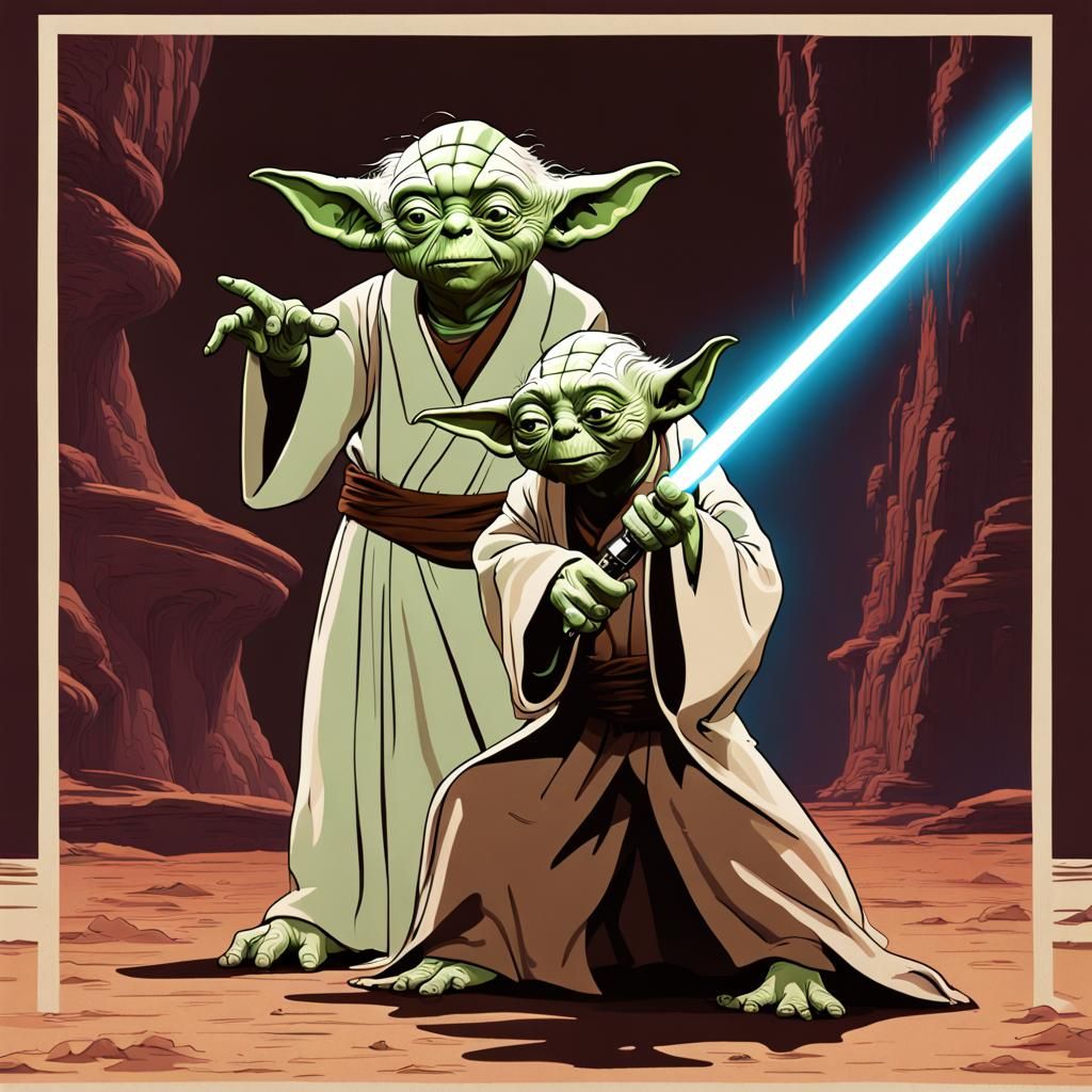 Teenage Yoda getting Lightsaber lessons from his Dad
