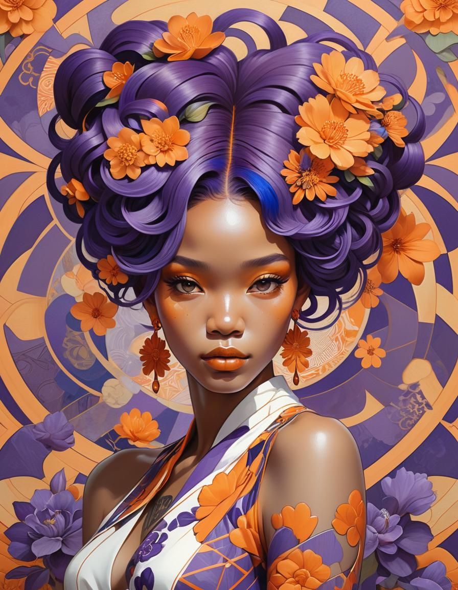 Elegant Woman with Purple Hair in Geometric Art Style