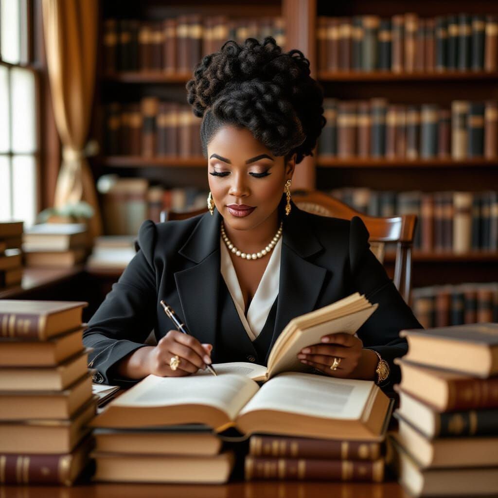 Elegant History Teacher in Cozy Library Setting