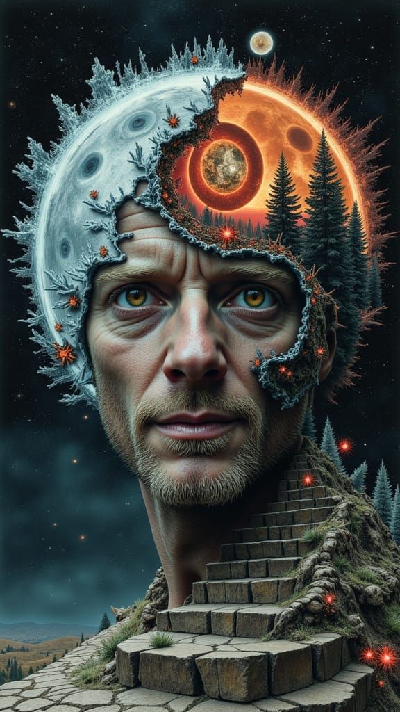 Man's Mindscape: Fire & Ice Deity in Surreal Double Exposure