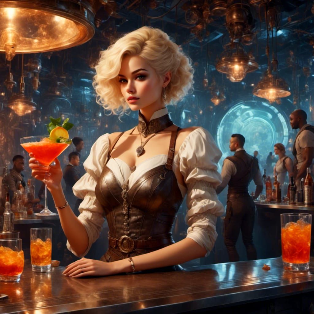 Blonde Mixologist Serves Aliens in Space Cafe