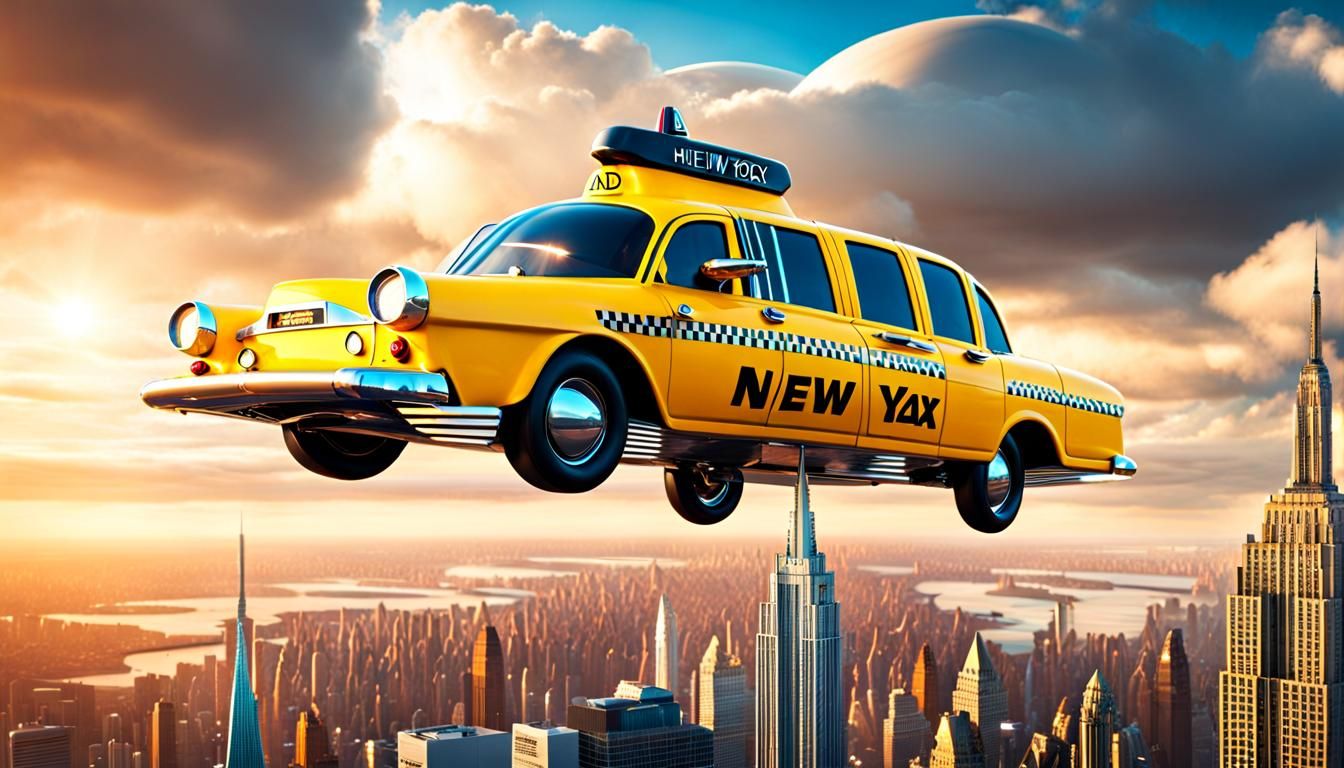 Flying Taxi Cab in Retro-Futuristic Cityscape