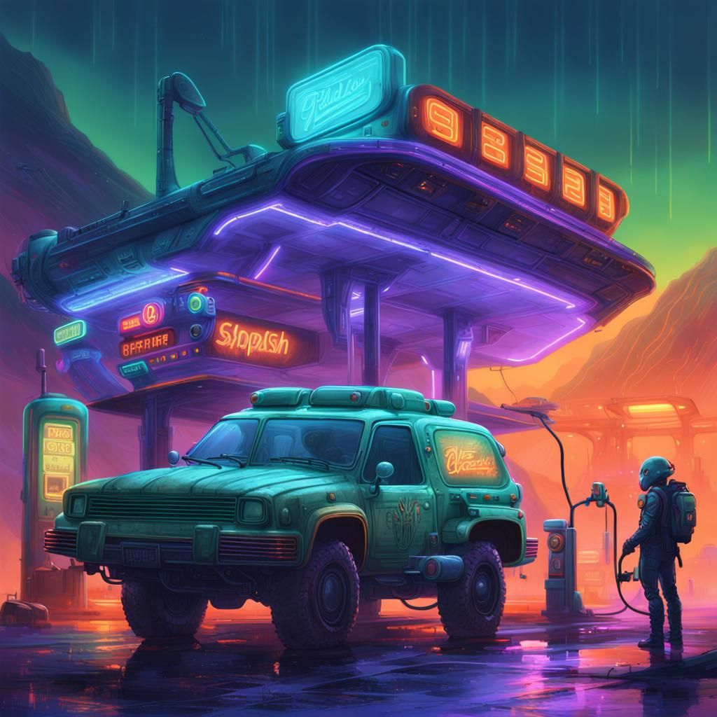 Alien Refuels Spaceship in Cyberpunk Gas Station