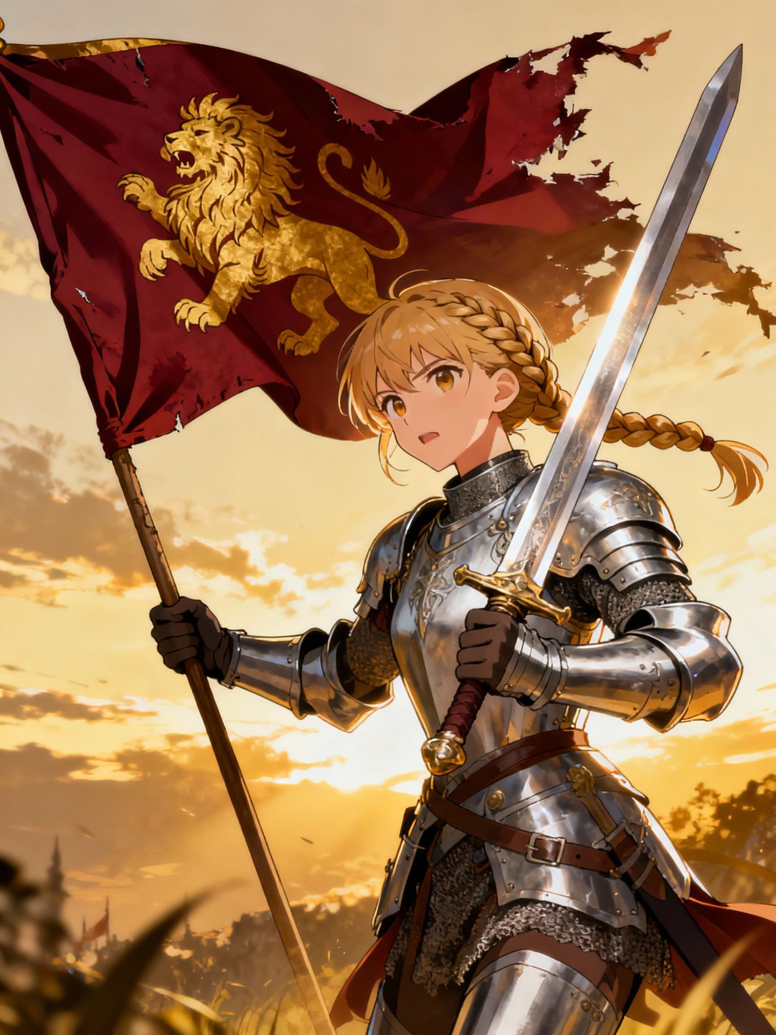 Anime Knight Girl With Lion Banner And Sword