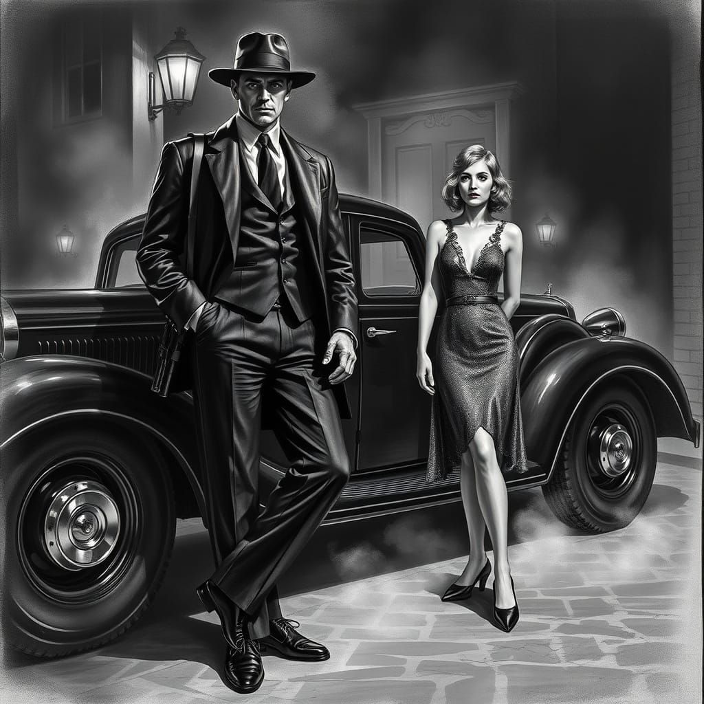 1920s Gangster Boss with Flapper Girl in Dark Chicago Alley