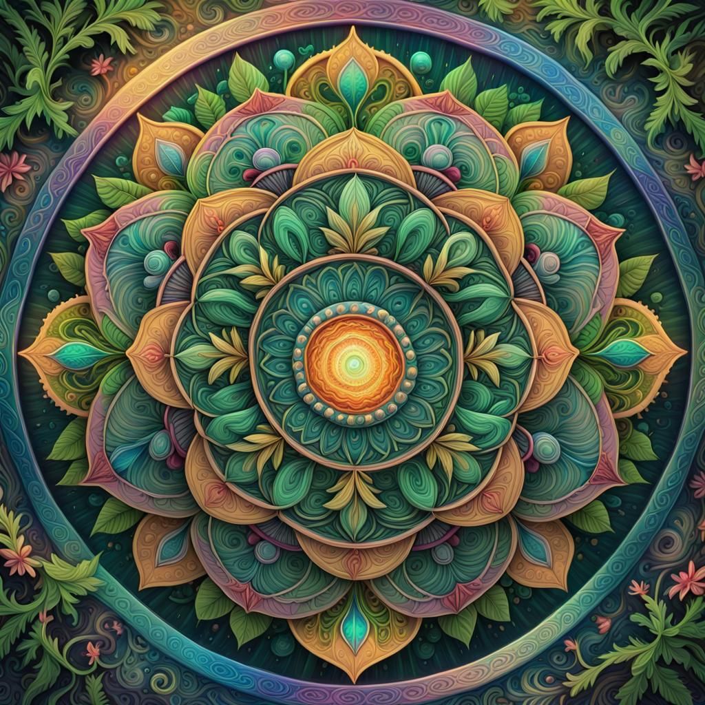 Vibrant Mandala of Unity and Green Plant Magic