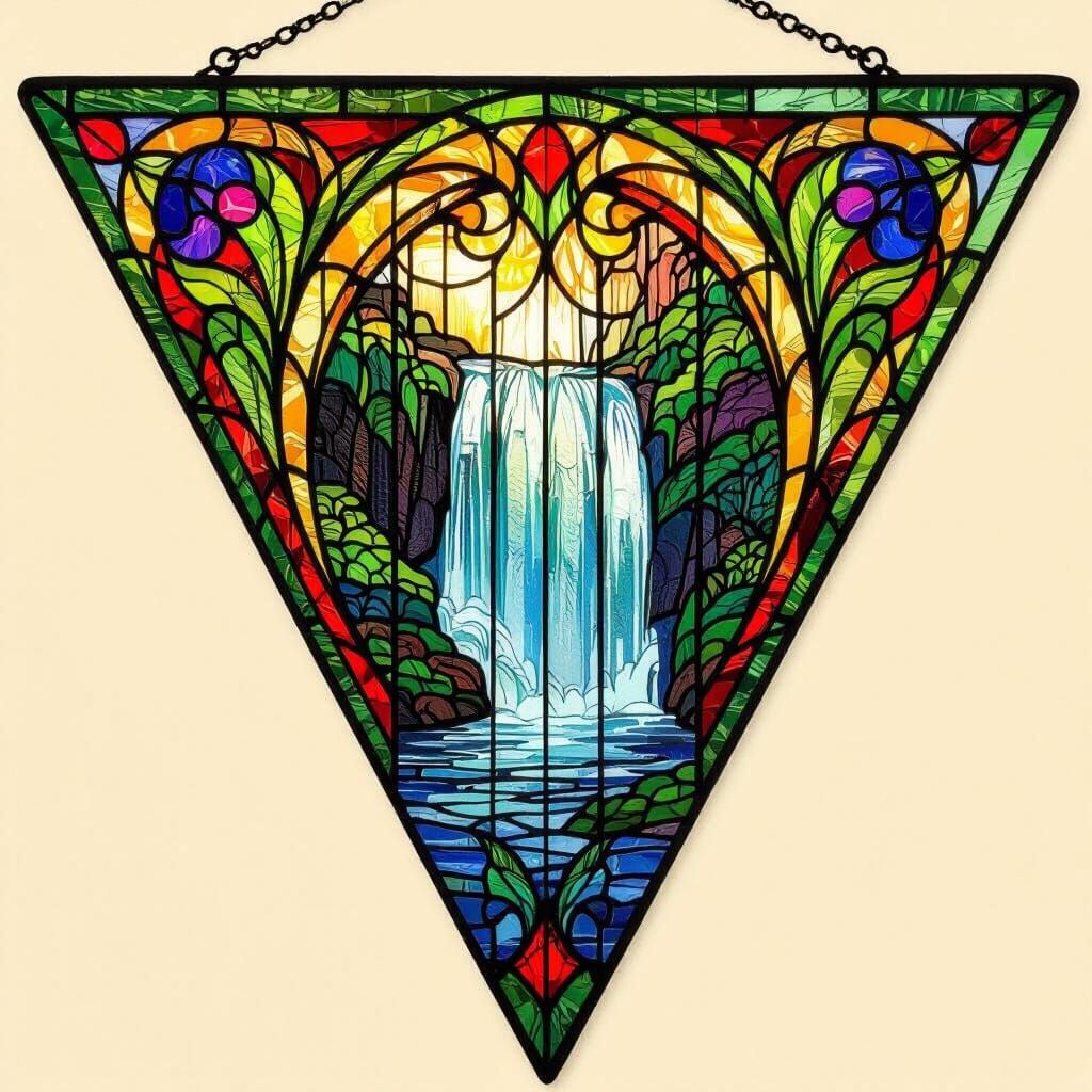 Jewel-toned Stained Glass Waterfall in Art Nouveau Style