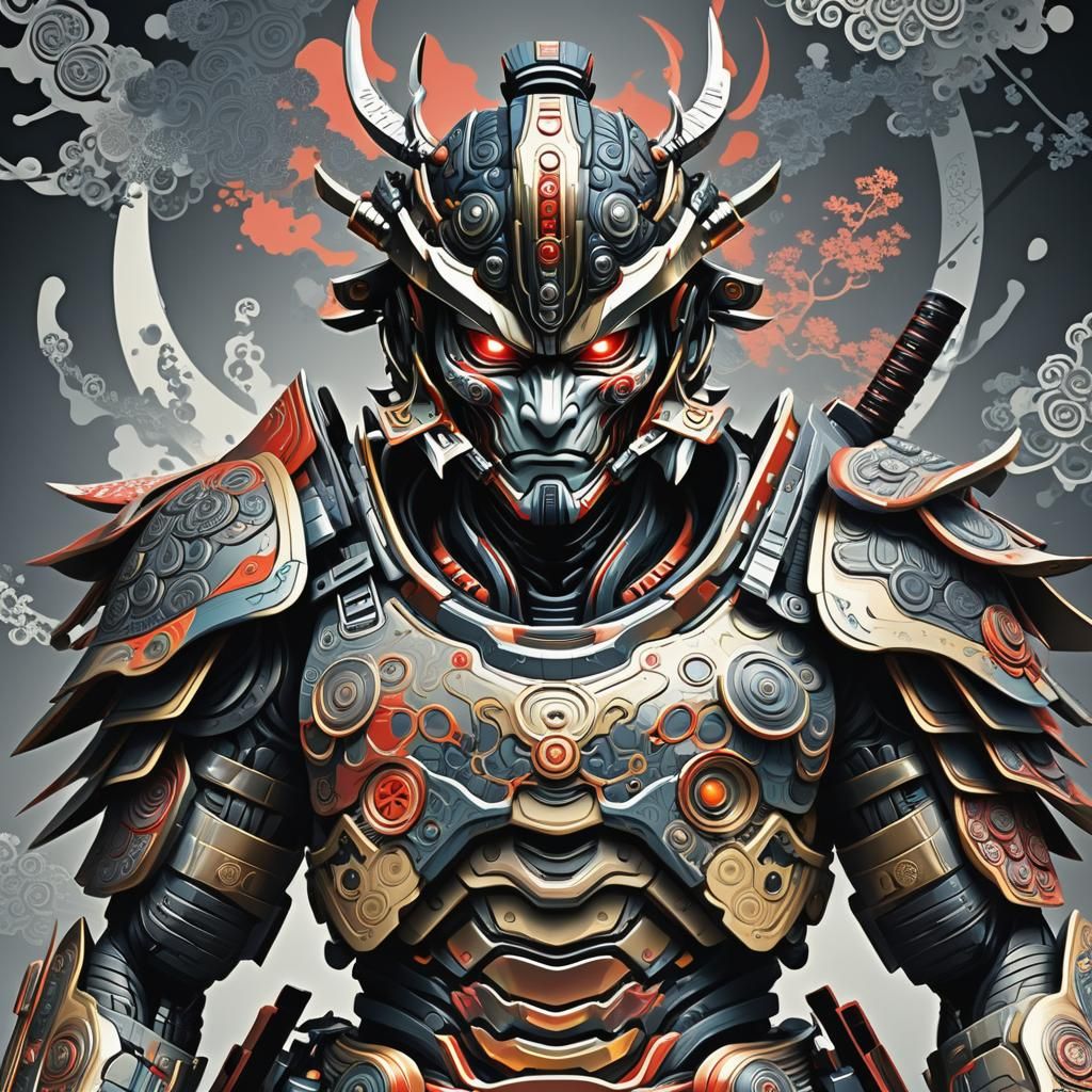 Samurai Cyborg in Neo Tokyo: 3D Shaded Vector Art