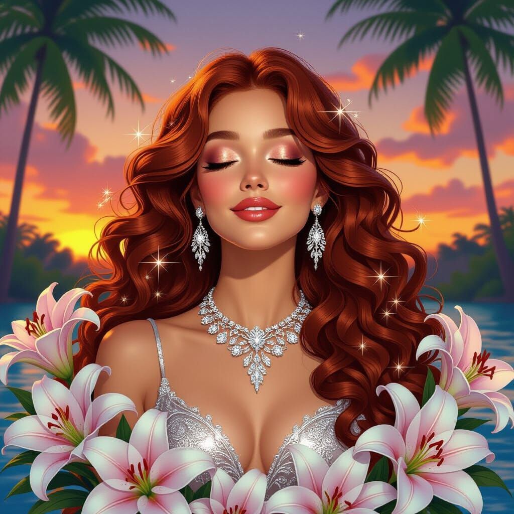 Luminous Portrait of Woman with Lilies in Art Nouveau Style