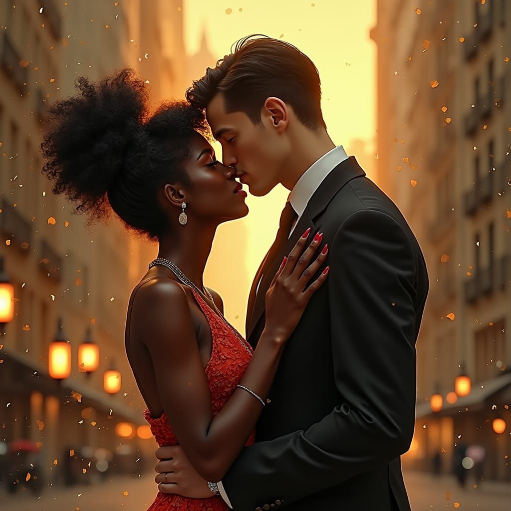 Couple's Intimate Kiss in Golden Hour Cityscape