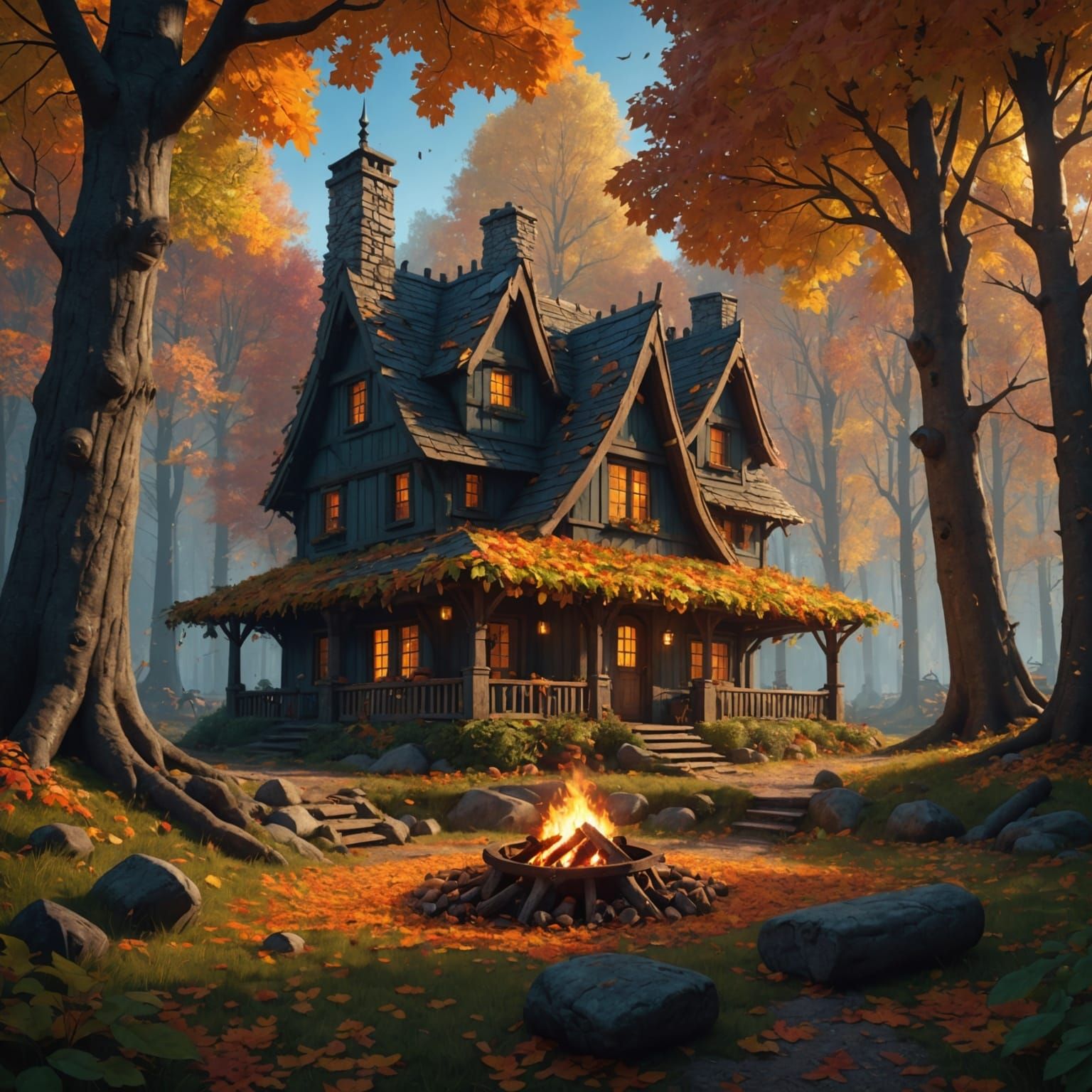 Enchanted Autumn Forest Cottage with Campfire