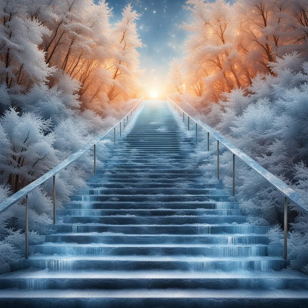 Endless Staircase: Icy Frost and Fiery Sparks in Anime Style