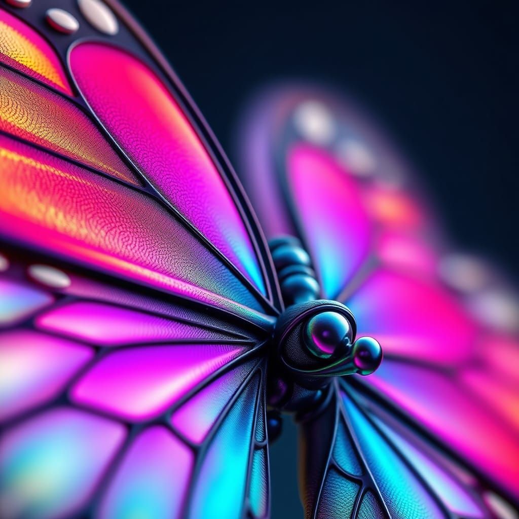 Vibrant Iridescent Butterfly Macro Photo in 3D Cartoon Style