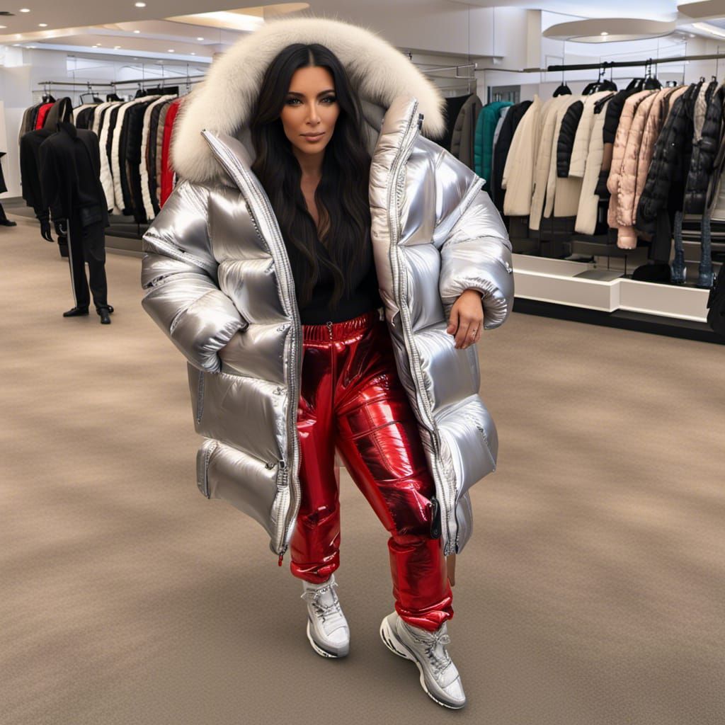 Hyperrealistic Woman in Oversized Red Puffer Jacket