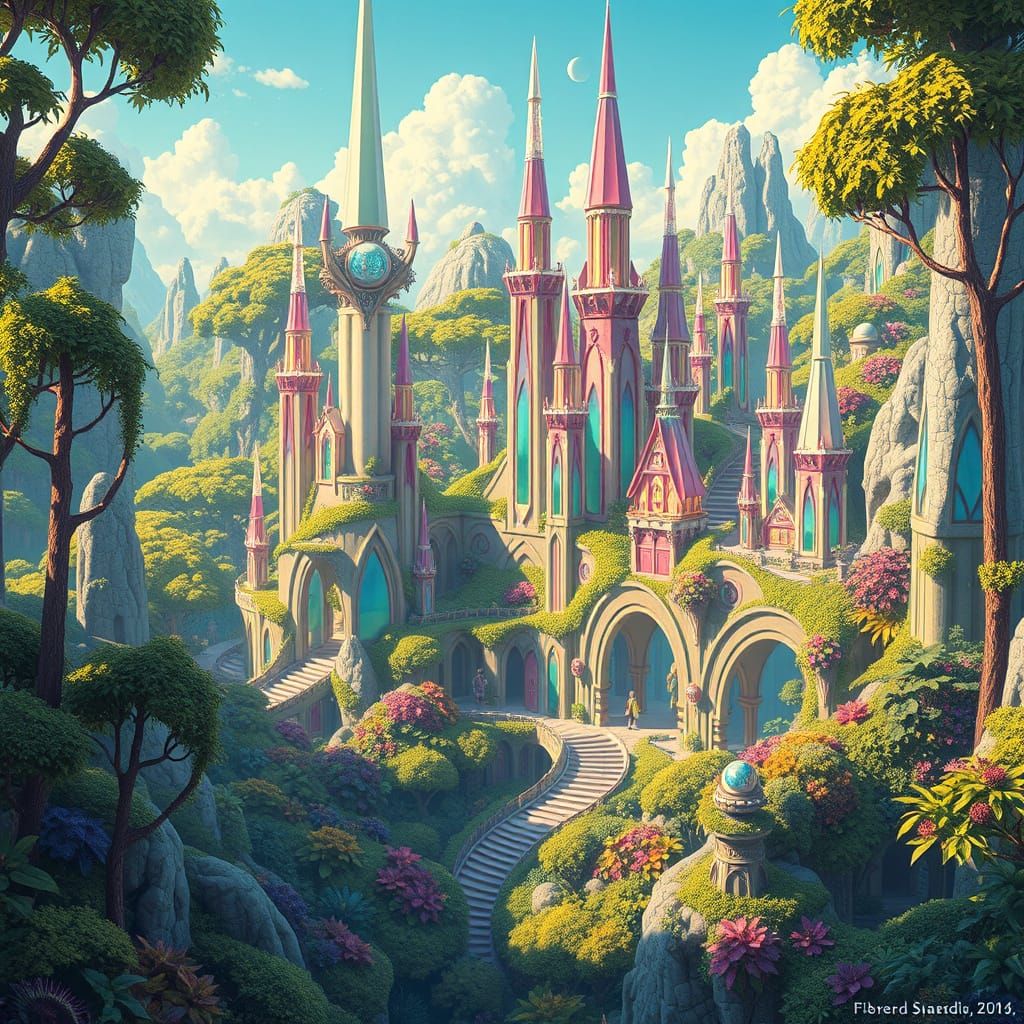 Solarpunk Oasis Amidst Lush, Iridescent Forest