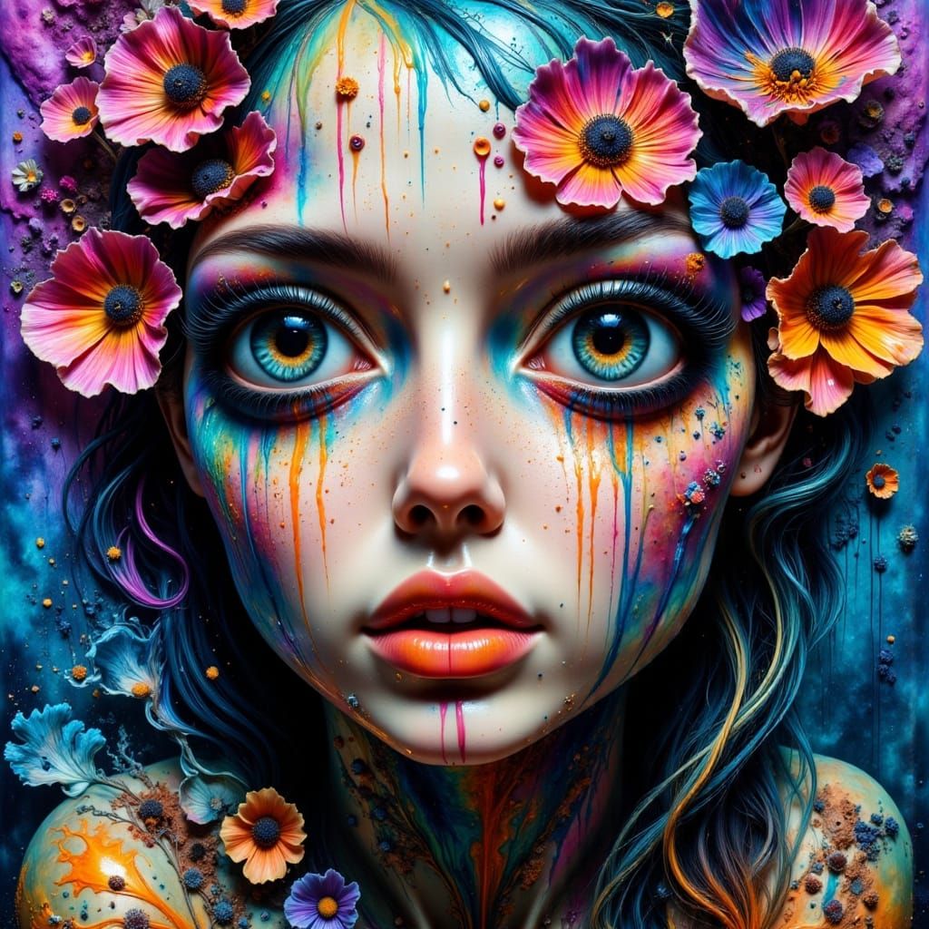 Surreal Portrait with Soulful Eyes and Prismatic Background