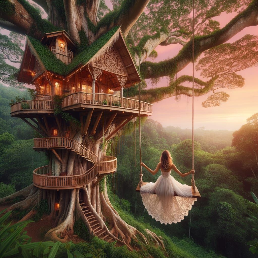 Treehouse Lady in Enchanting Sunset Ambiance