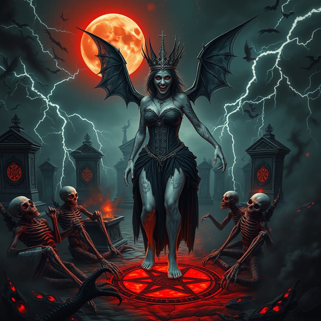Vampire Sorceress in Cursed Cemetery, Surreal Art