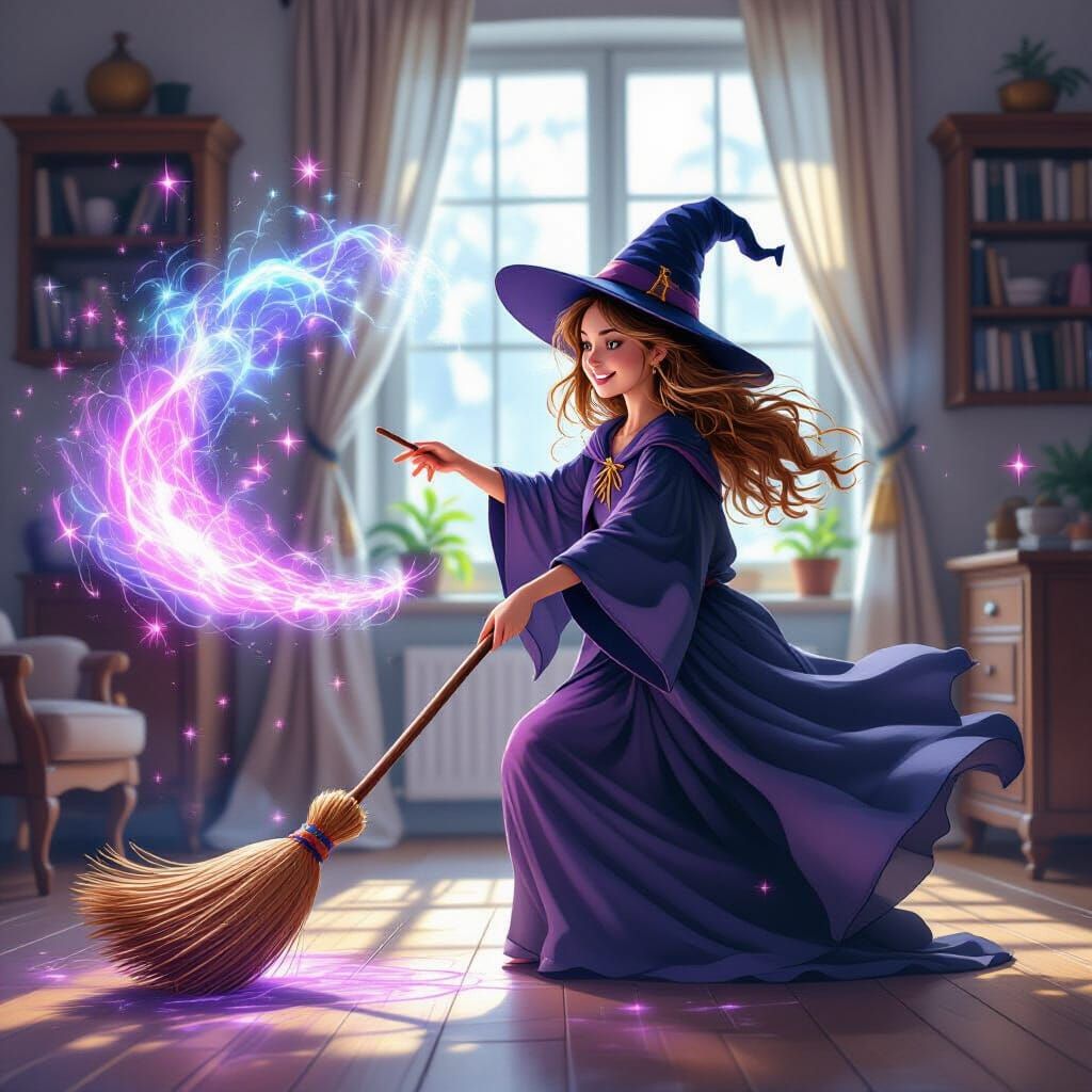 Young Witch Sweeping Floor with Magic Broom and Spells