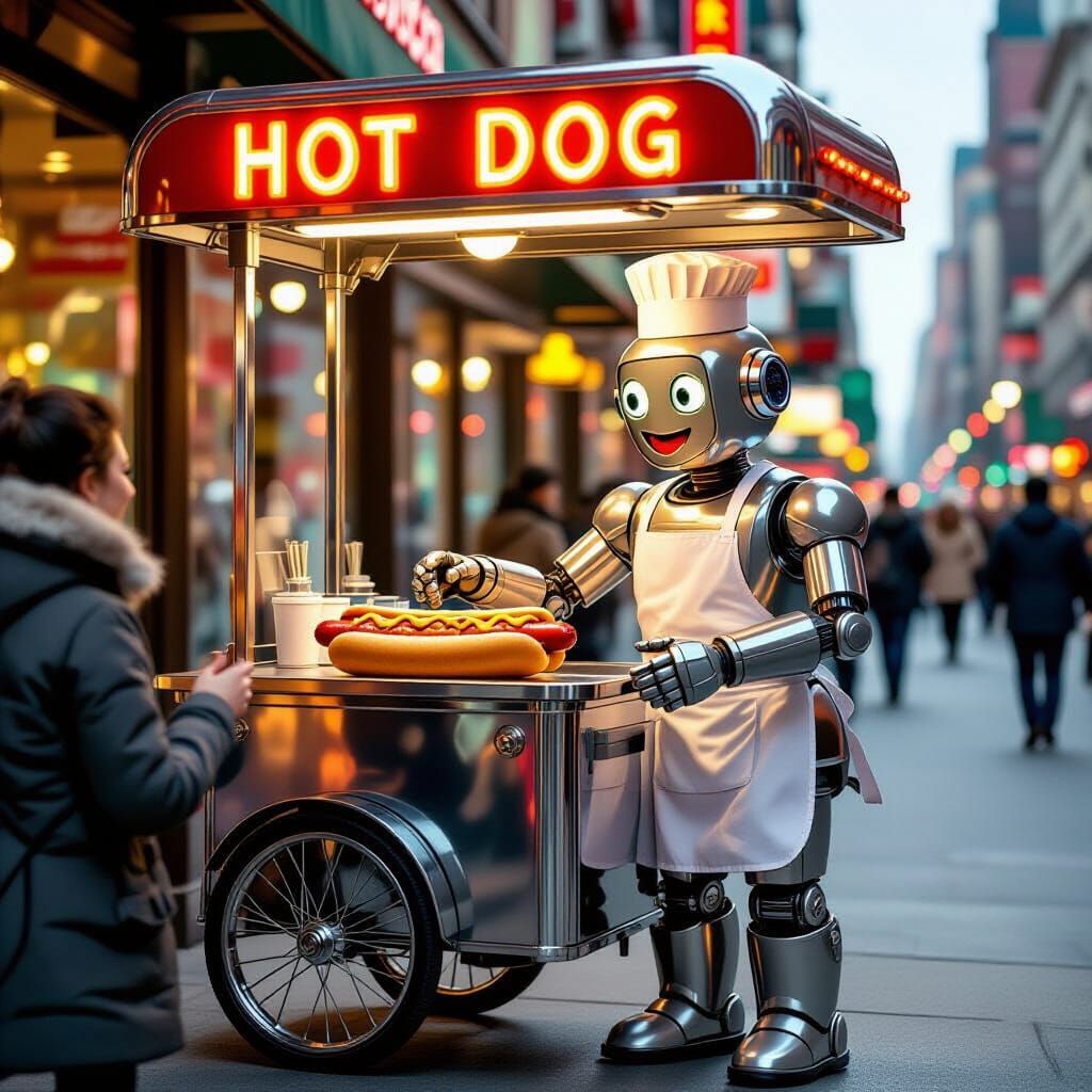 Retro Robot Hot Dog Vendor in Nostalgic Illustration Style