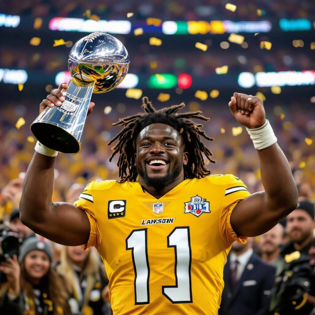 Lamar Jackson Holds Super Bowl Trophy in Yellow Jersey