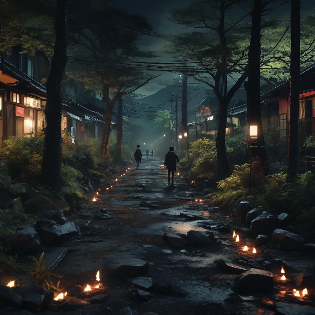 Hyperrealistic Japanese Street Scene at Night