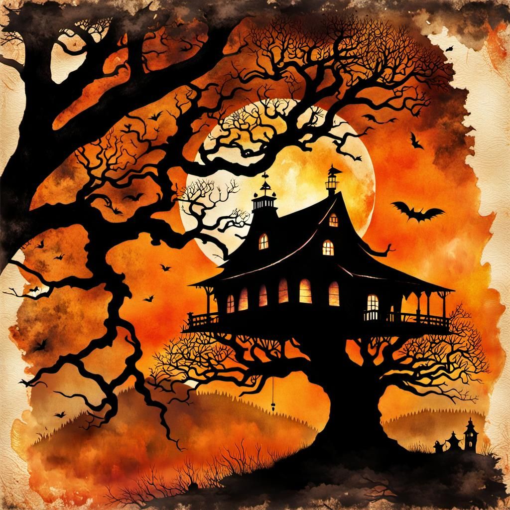 Creepy Tree and Haunted House in Watercolor