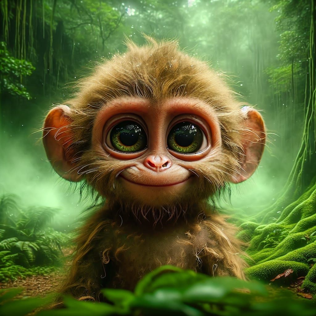 Adorable Monkey in Jungle with Green Haze