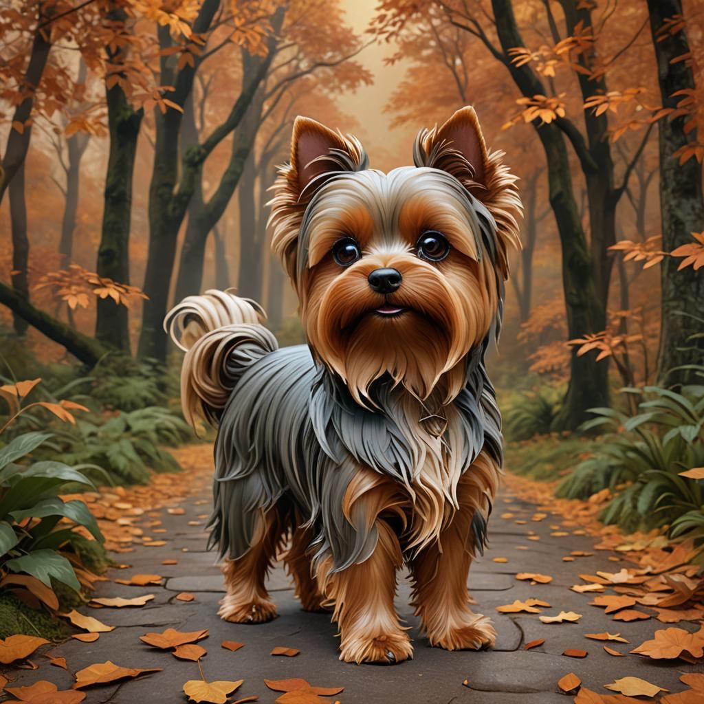 Anime Yorkie in Autumn Forest, 3D Render