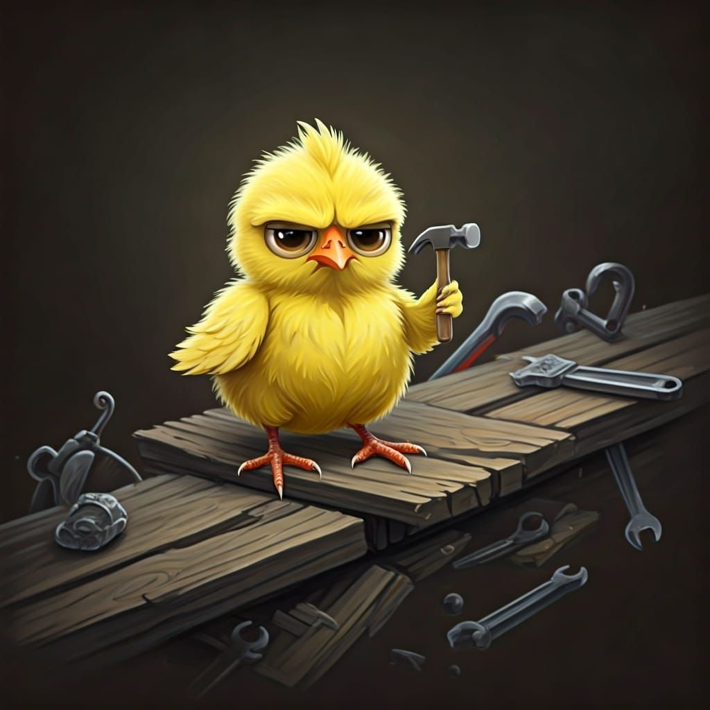 Grumpy Chick on Collapsed Bridge: Pastel Illustration