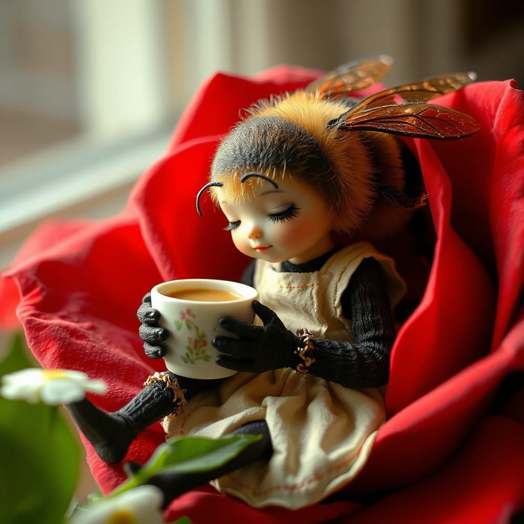 Bumblebee's Coffee Break in a Rose, 3D Render