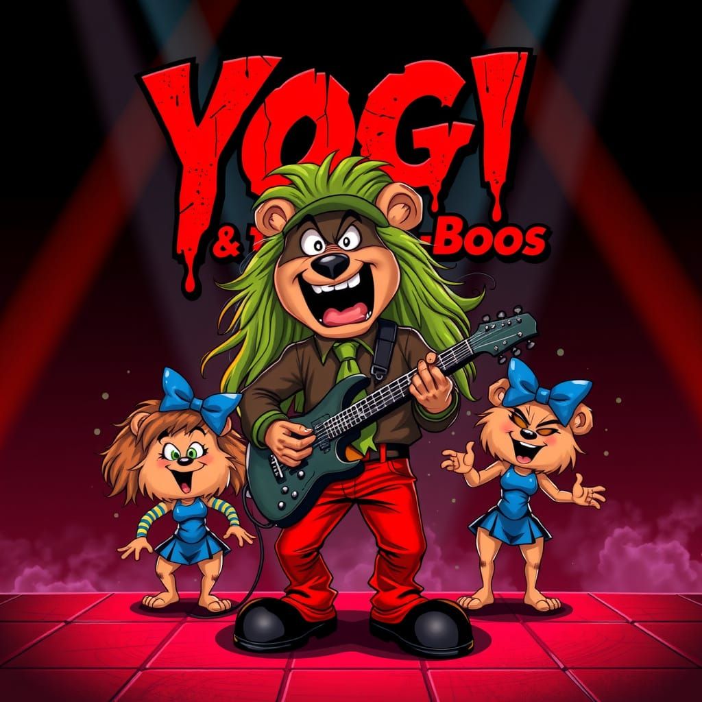 At the top of the canvas, Distressed metallic dripping horror text that says "YOGI & the Boo-Boos" in red and black rock...