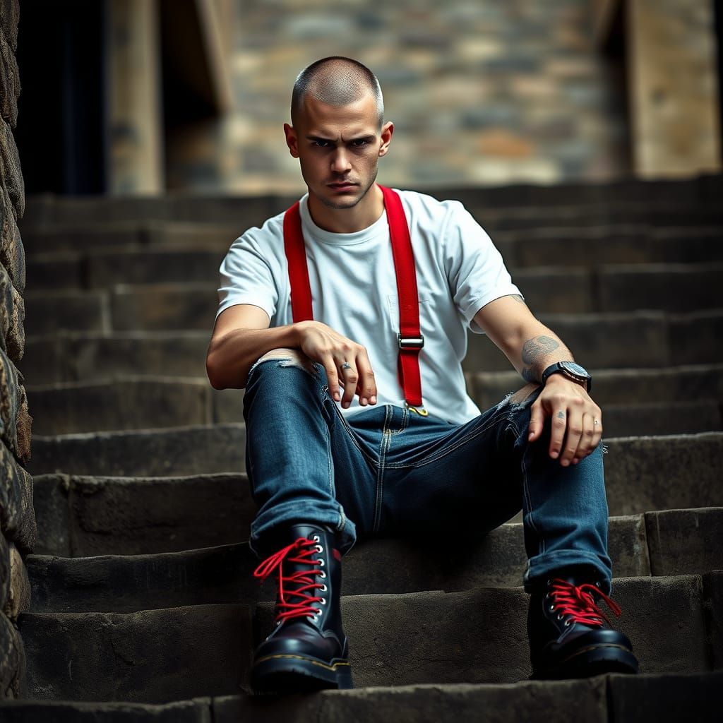 Brooding Skinhead in Moody Lighting