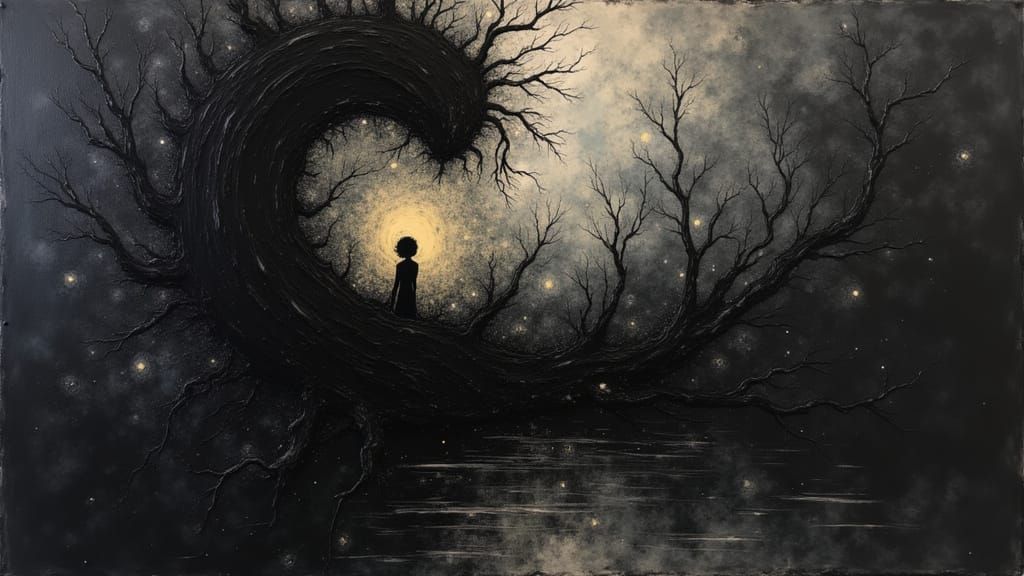 Hope's Light Escaping Shadows in Japanese Ink Style