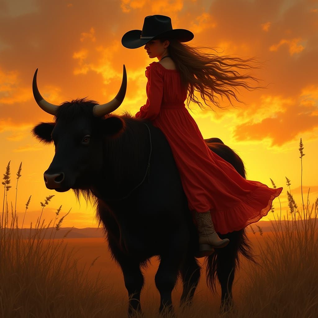 Girl on Longhorn Cow at Sunset in Western Art Style