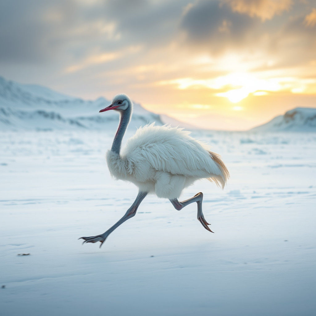 Polar Ostrich Runs Across Arctic Landscape