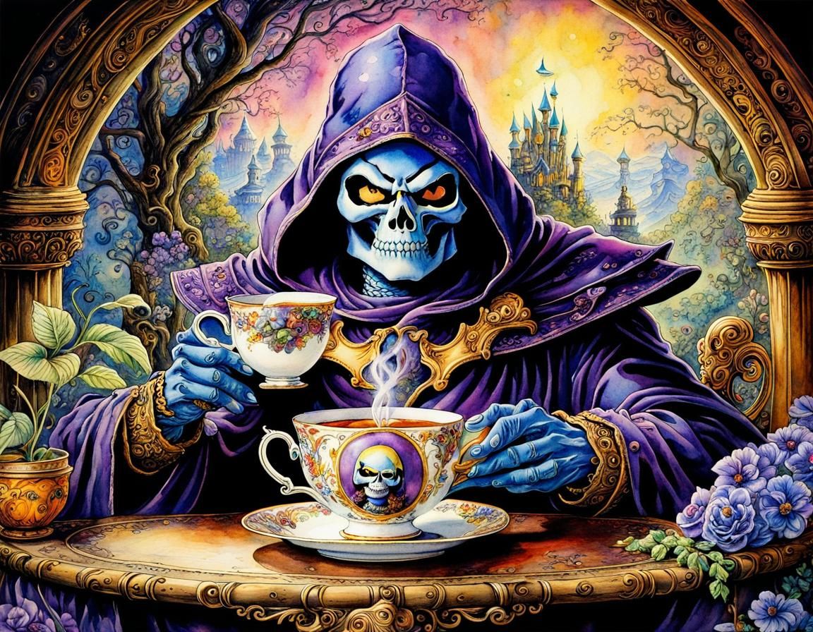 Skeletor drinking tea
