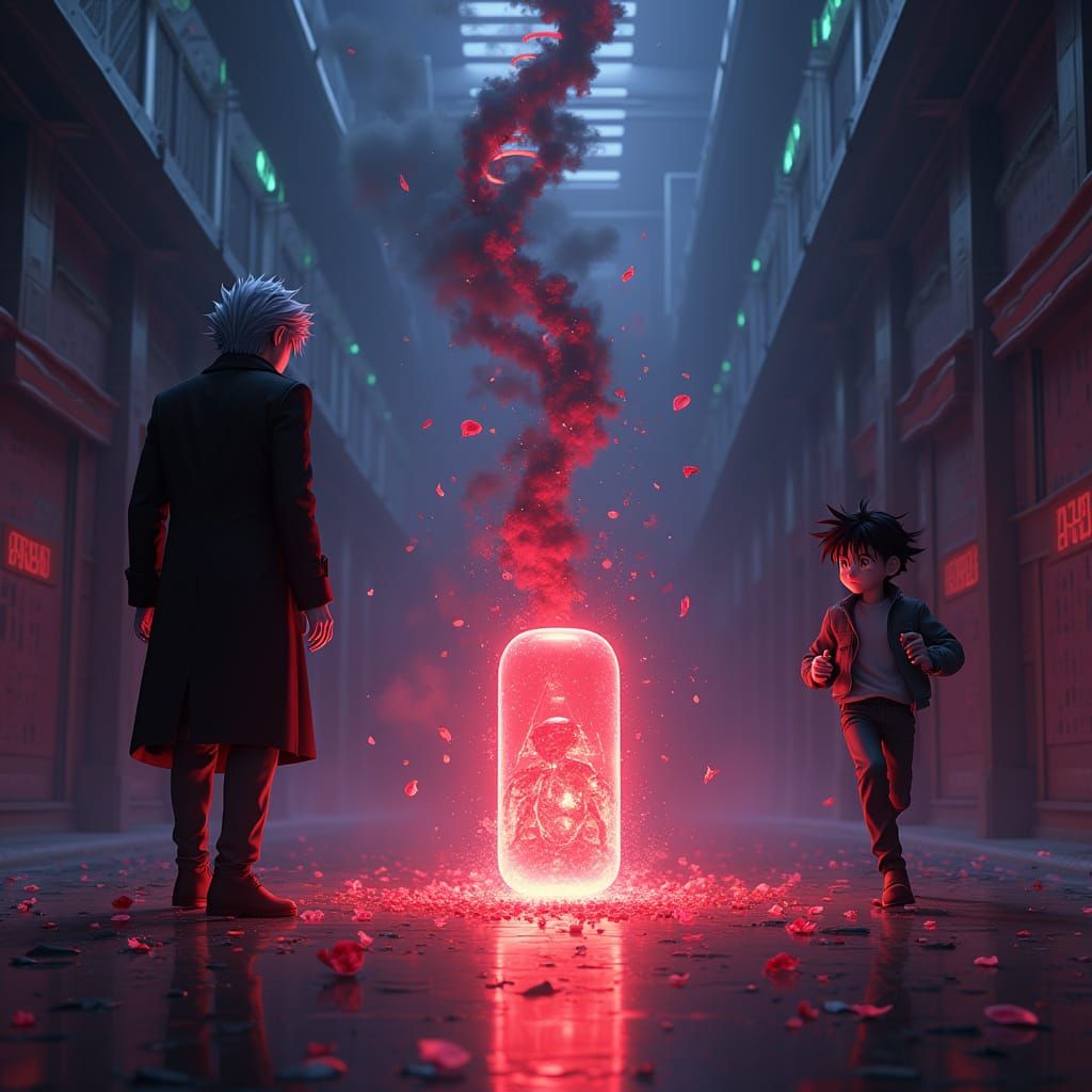 Gin and Conan in a Cyberpunk Futuristic Laboratory