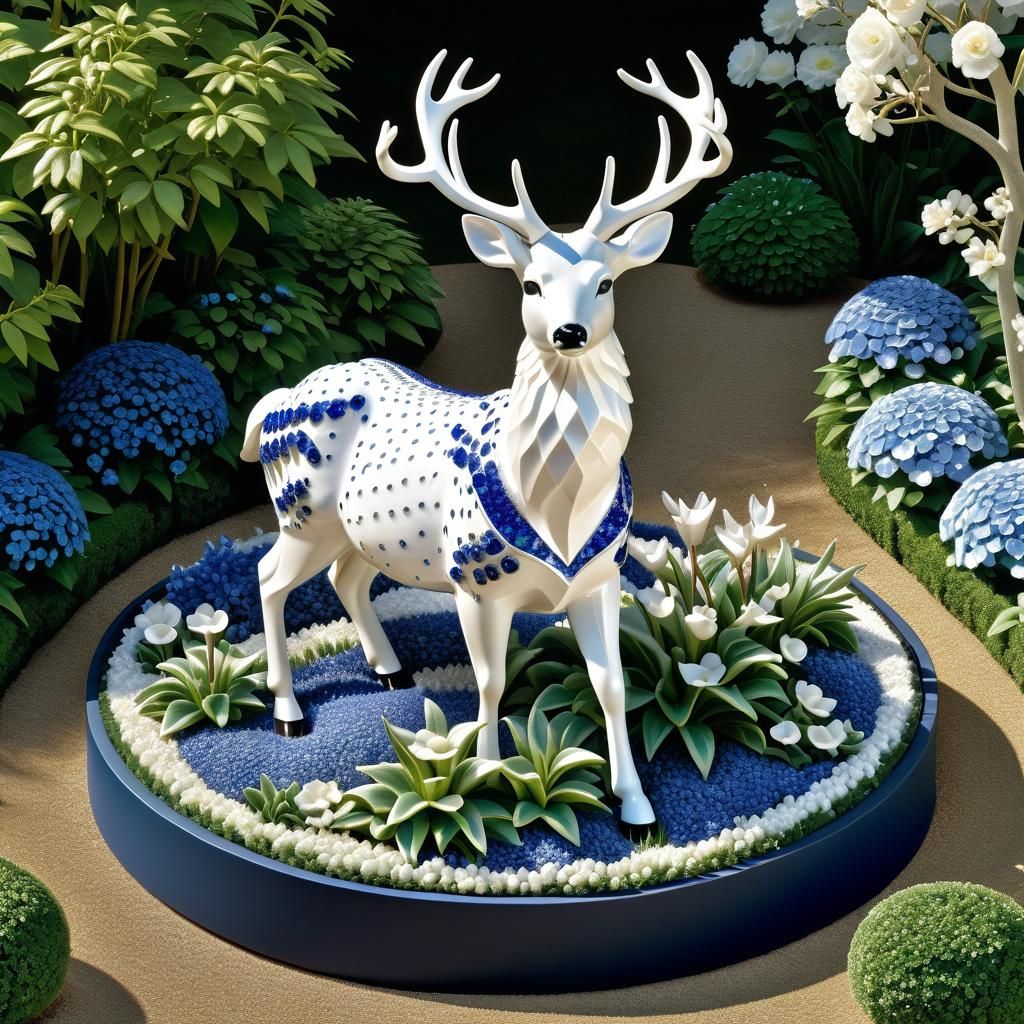 Crystallographic Deer in Garden: Isometric Porcelain Art