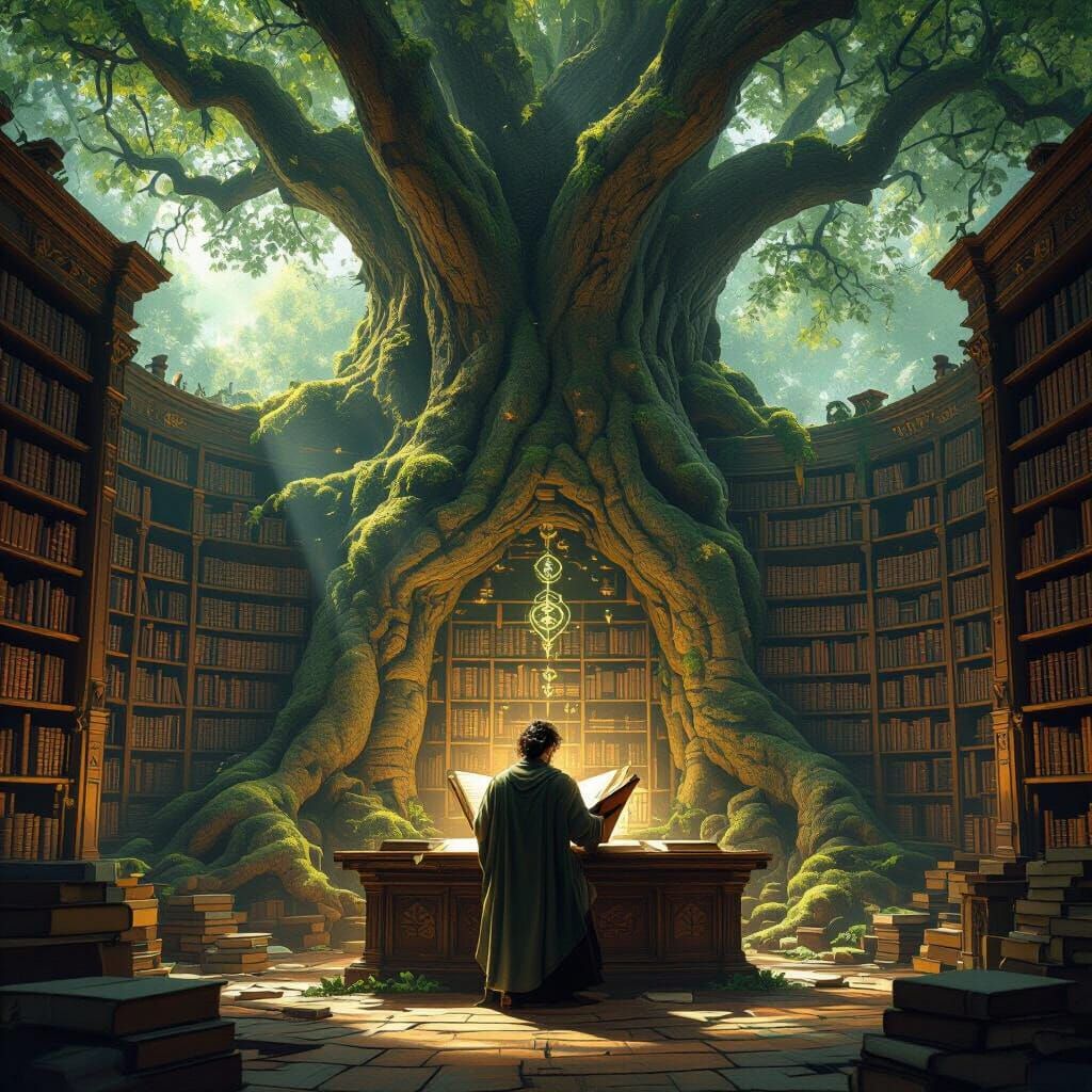 Ancient Tree Library with Scholar, Fantasy Concept Art Style