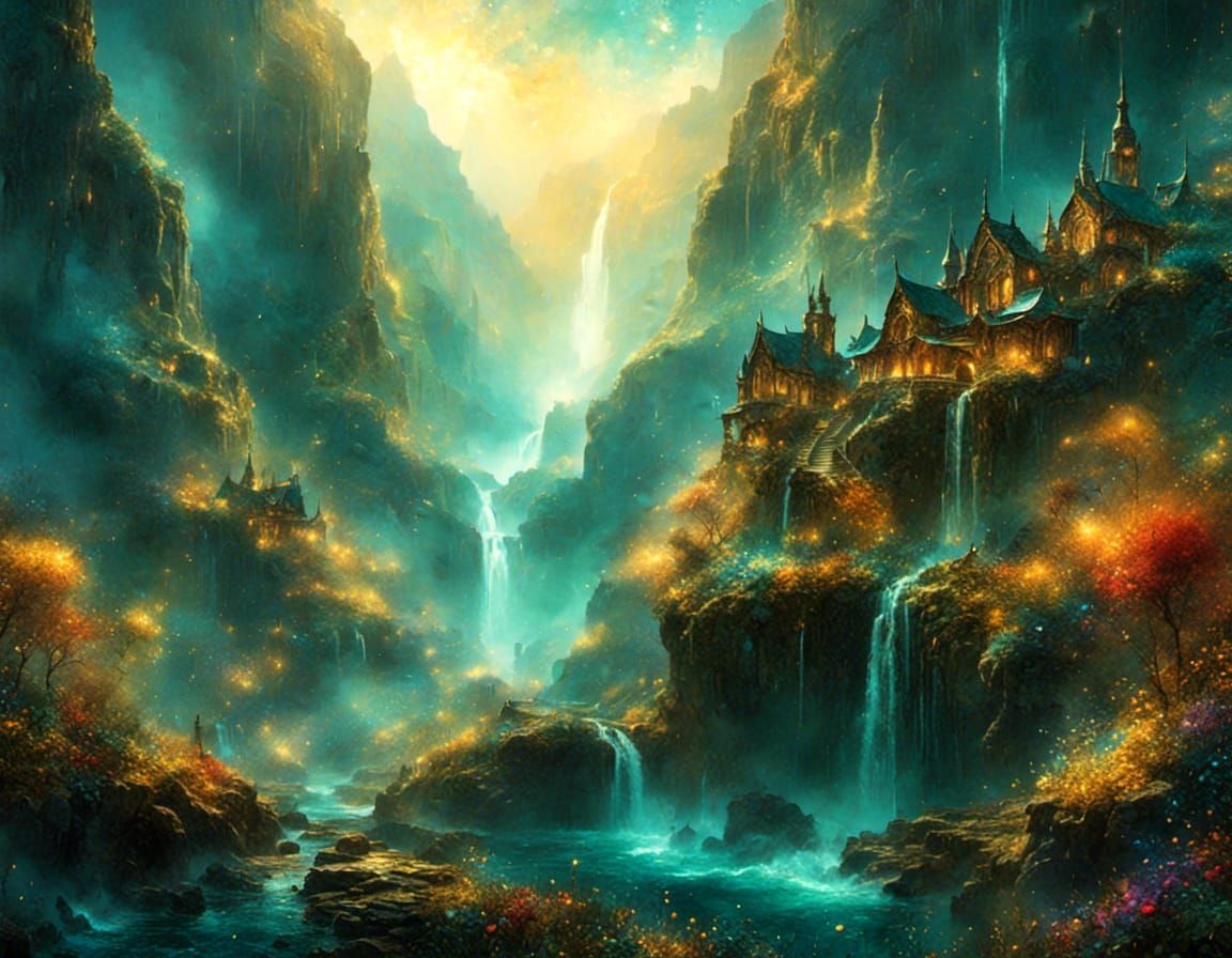 Fantasy Village Beside Waterfall, Concept Art