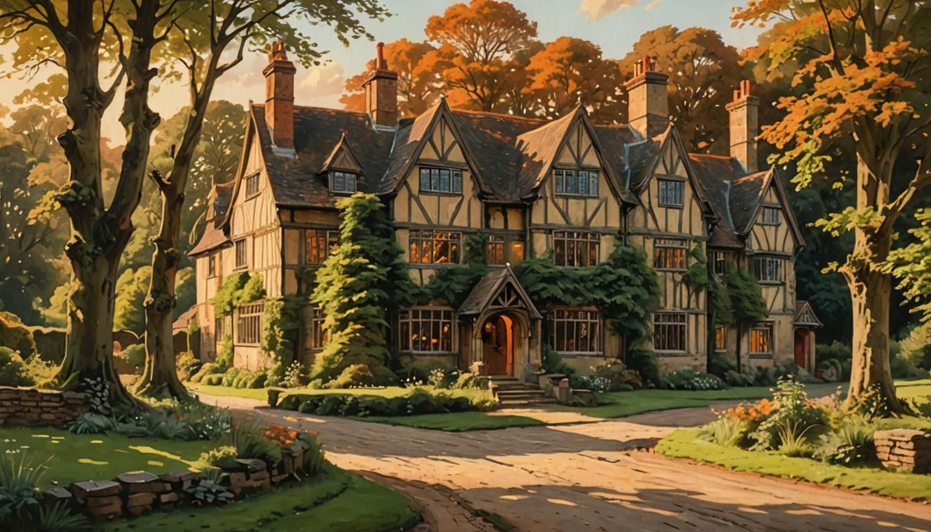 Tudor Manor House in Sunset Oil Painting
