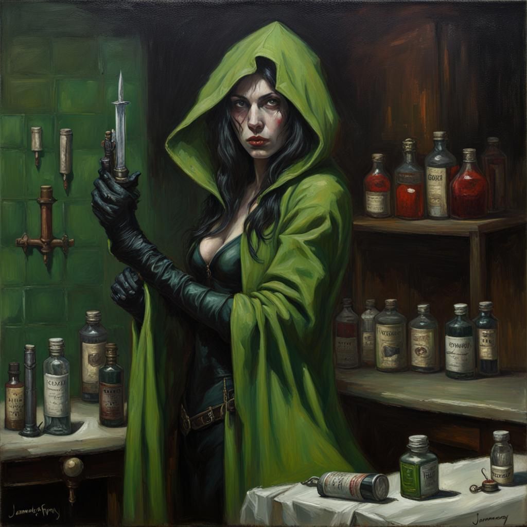 Green-Skinned Vampire Assassin in Oil Painting Style
