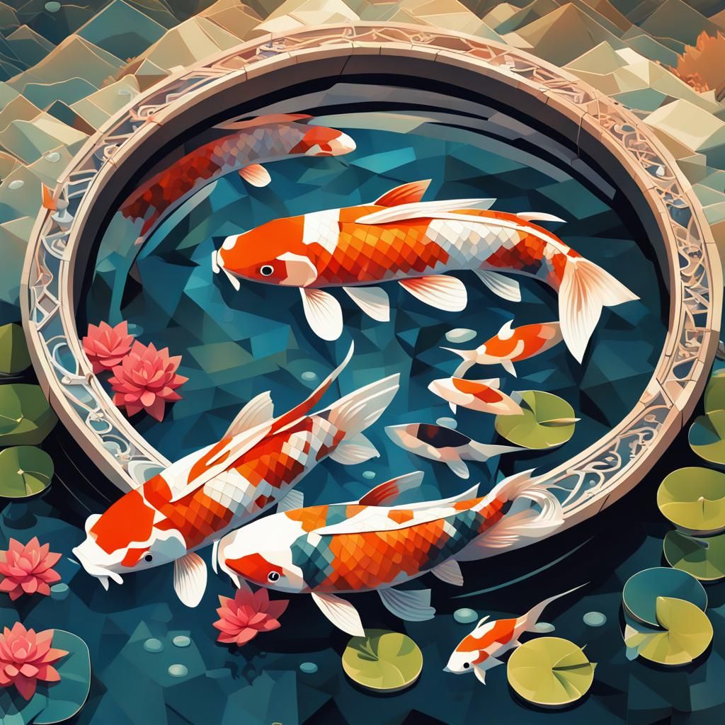 Koi Pond Cubist Painting with Art Deco Elements