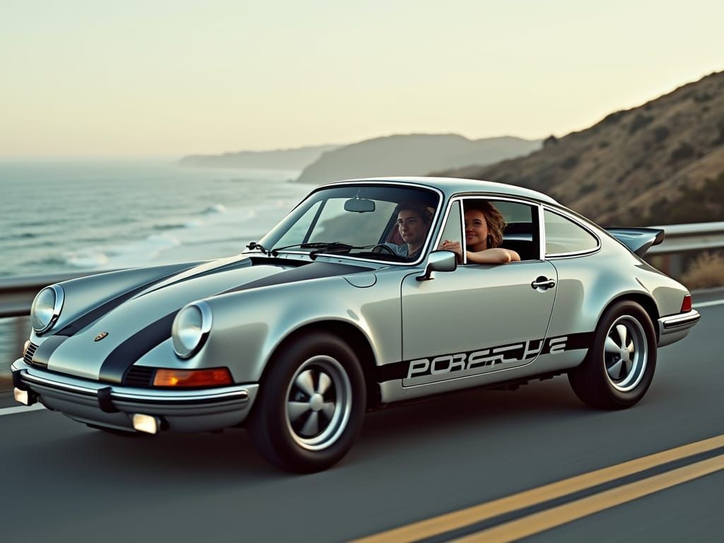 Silver Porsche 911 on Coastal Highway, Syd Mead Style