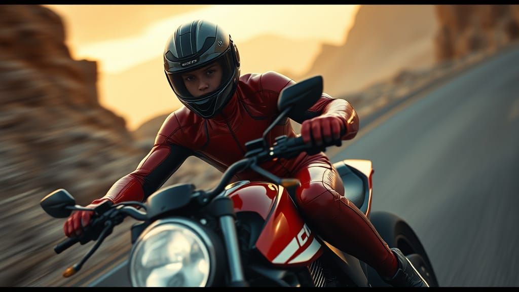 High-Tech Biker Rides through a Dramatic Landscape